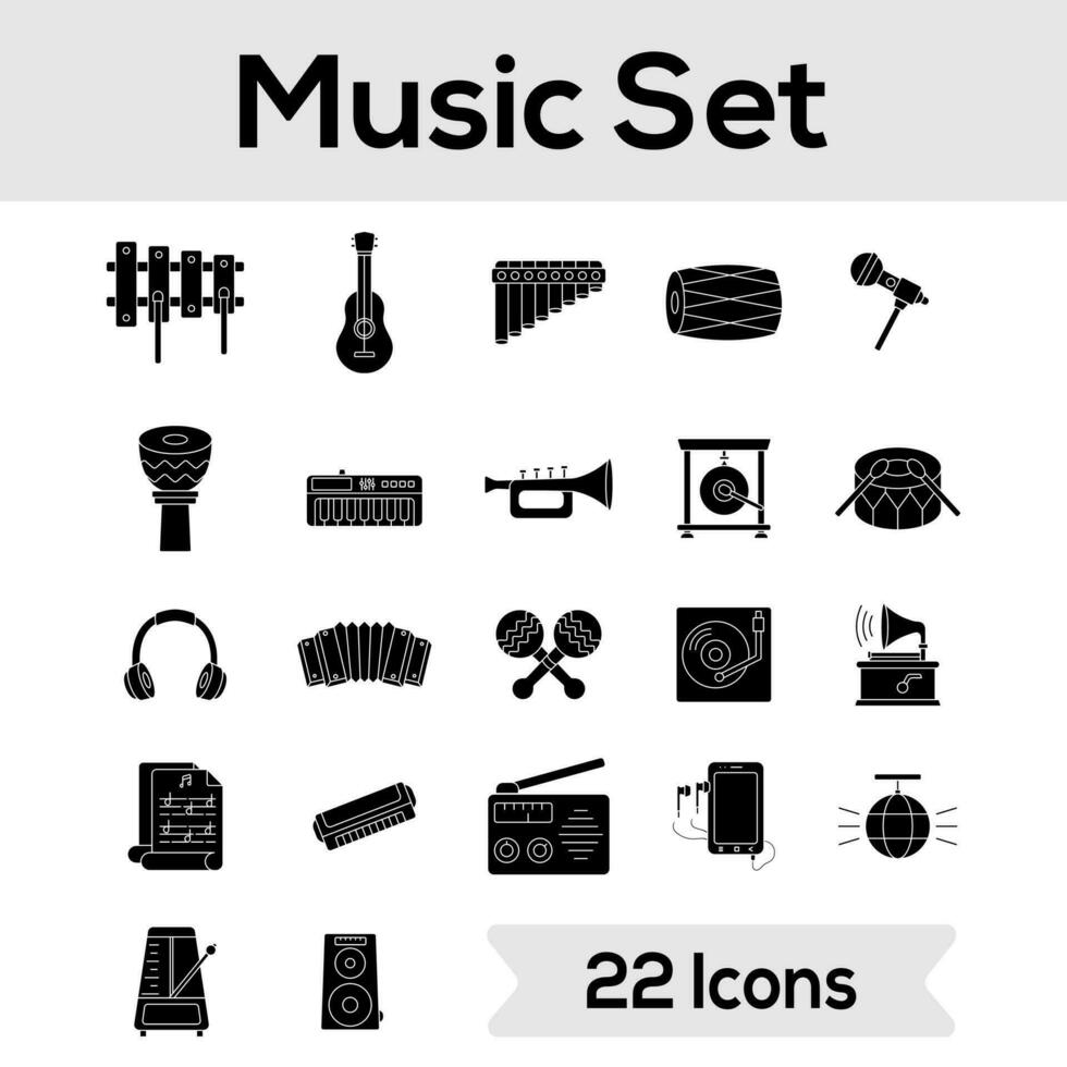 Glyph Style Music Instrument Icon Set On White Background. vector