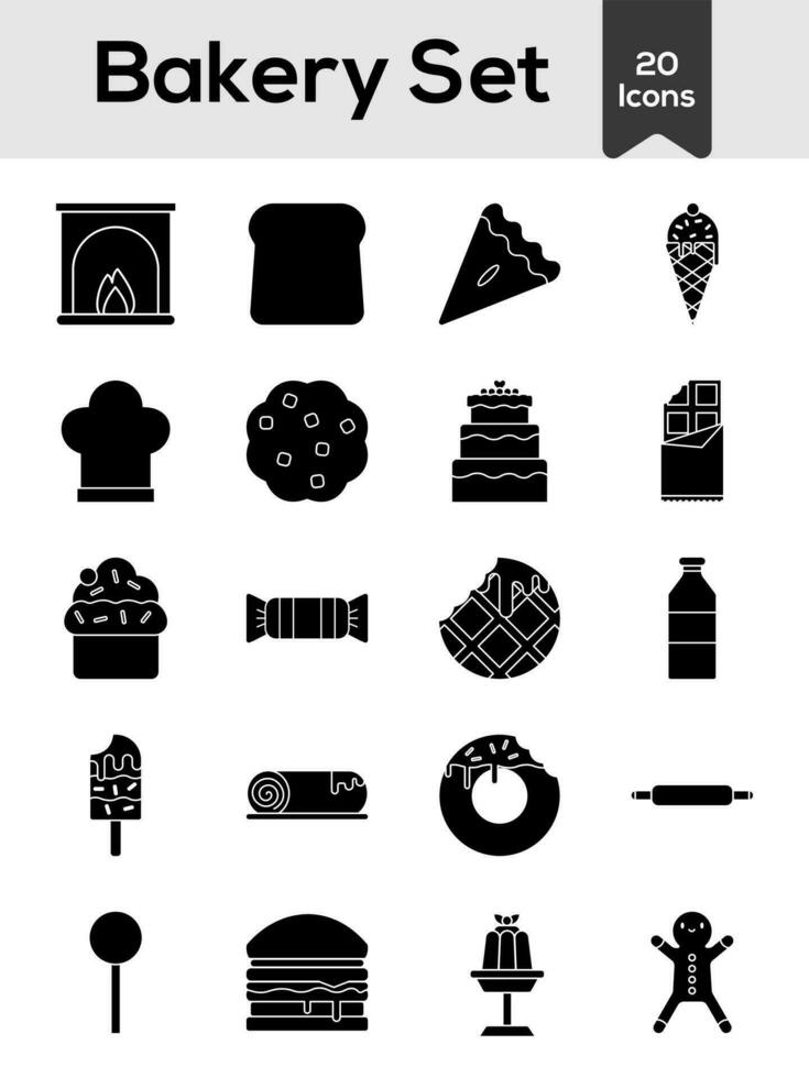 Glyph Style Bakery Icon Set On White Background. vector