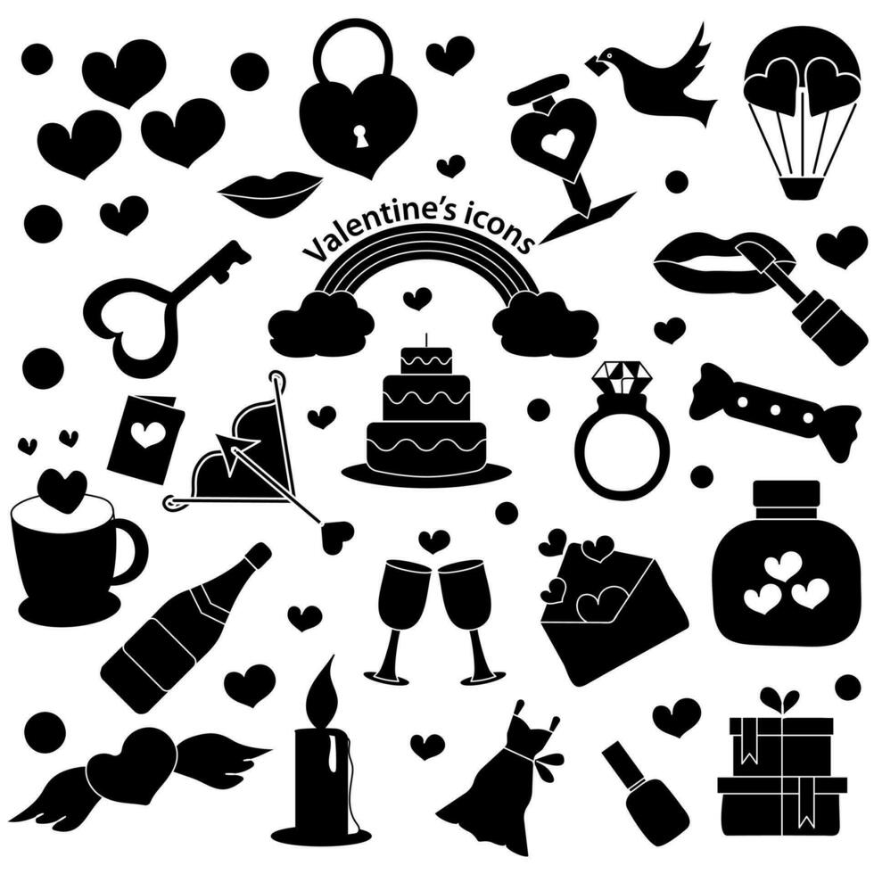 Set Of Valentine's Icon In Black And White Color. vector