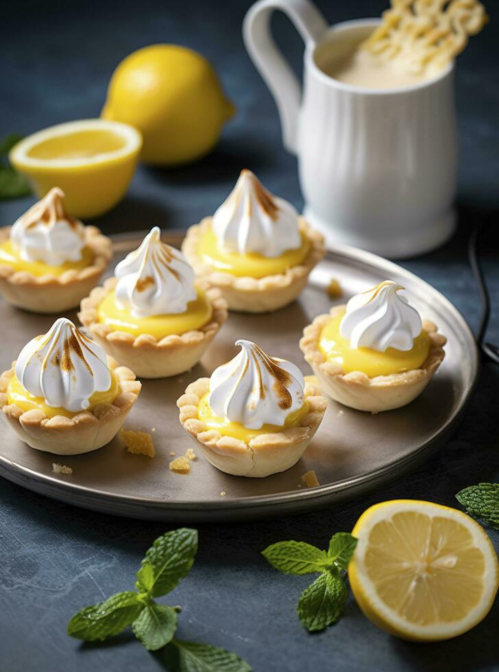 Lemon meringue tarts, one bite desserts idea, generate ai photo