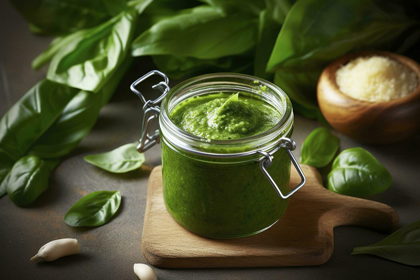 Green pesto sauce made of wild garlic, generate ai photo
