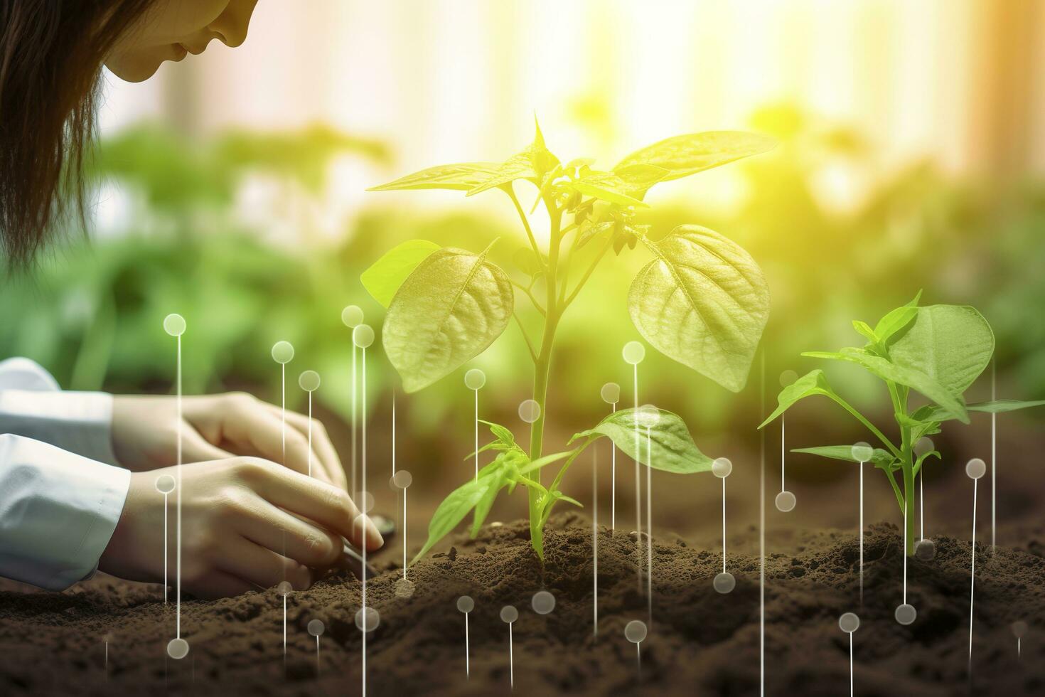 Agricultural technologies for growing plants and scientific research in the field of biology and chemistry of nature. Living green sprout in the hands of a farmer, generate ai photo