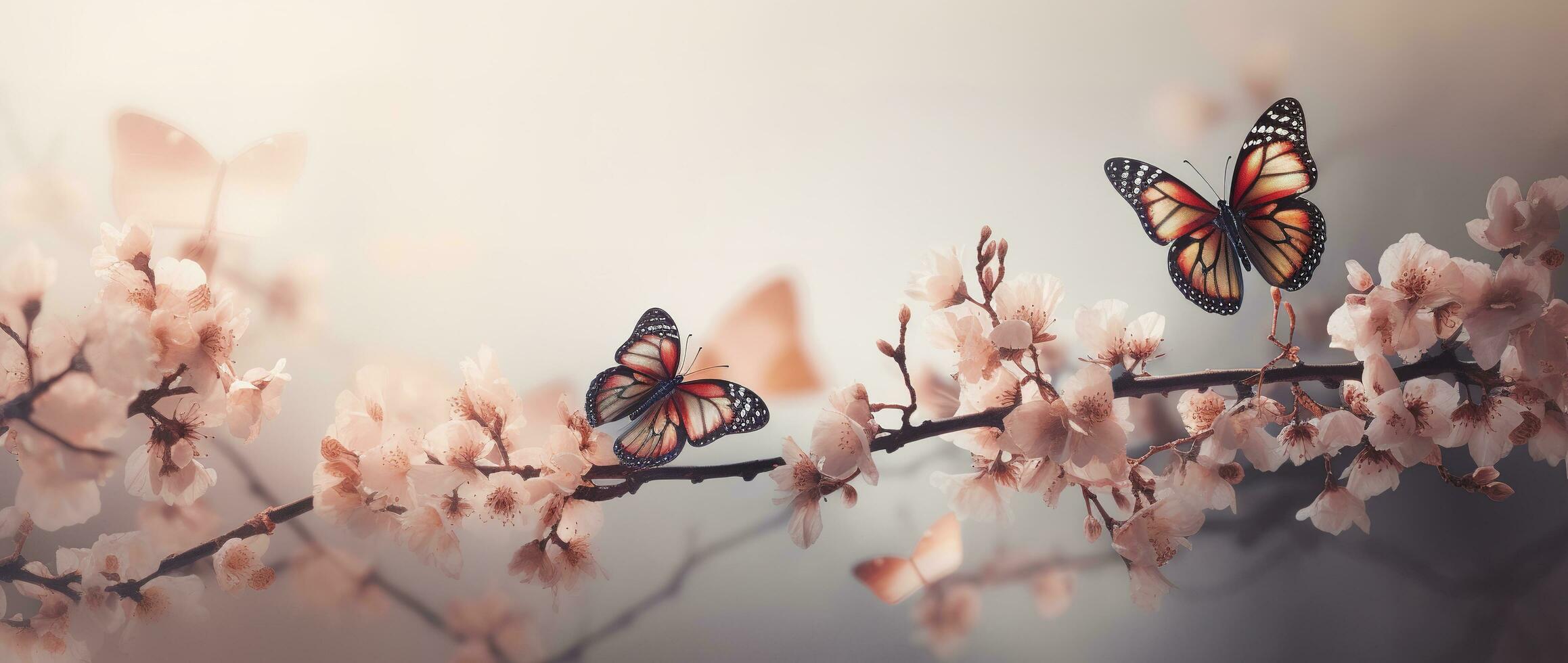 primavera bandera, ramas de cierne Cereza en contra el antecedentes de azul cielo, y mariposas en naturaleza al aire libre. rosado sakura flores, soñador romántico imagen primavera, paisaje panorama, generar ai foto