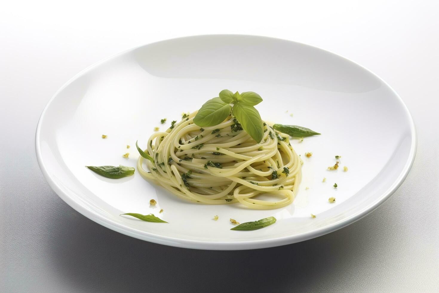 Traditional Italian spaghetti with asparagus in a herb sauce served as a top view on a Nordic design plate, generate ai photo