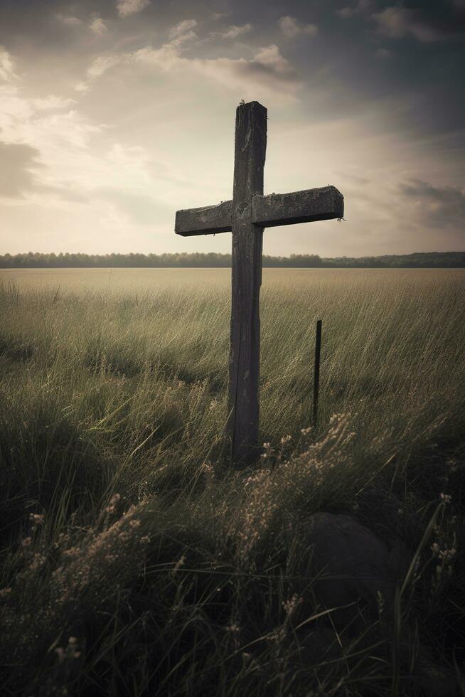 crucifixión de Jesús Cristo - cruzar a atardecer, generar ai foto