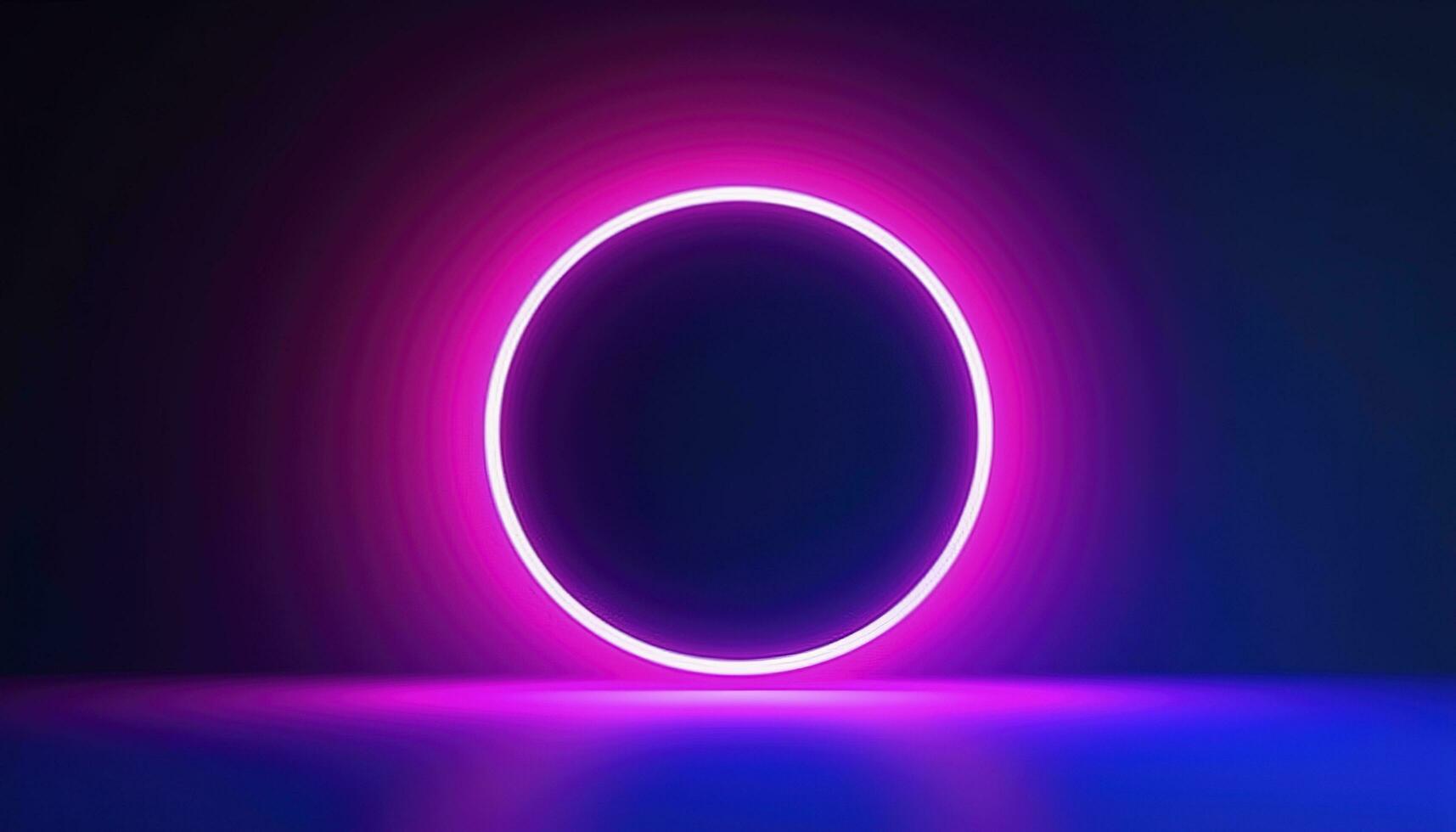 3d render, blue pink neon round frame, circle, ring shape, empty space, ultraviolet light, 80s retro style, fashion show stage, abstract background, generate ai photo