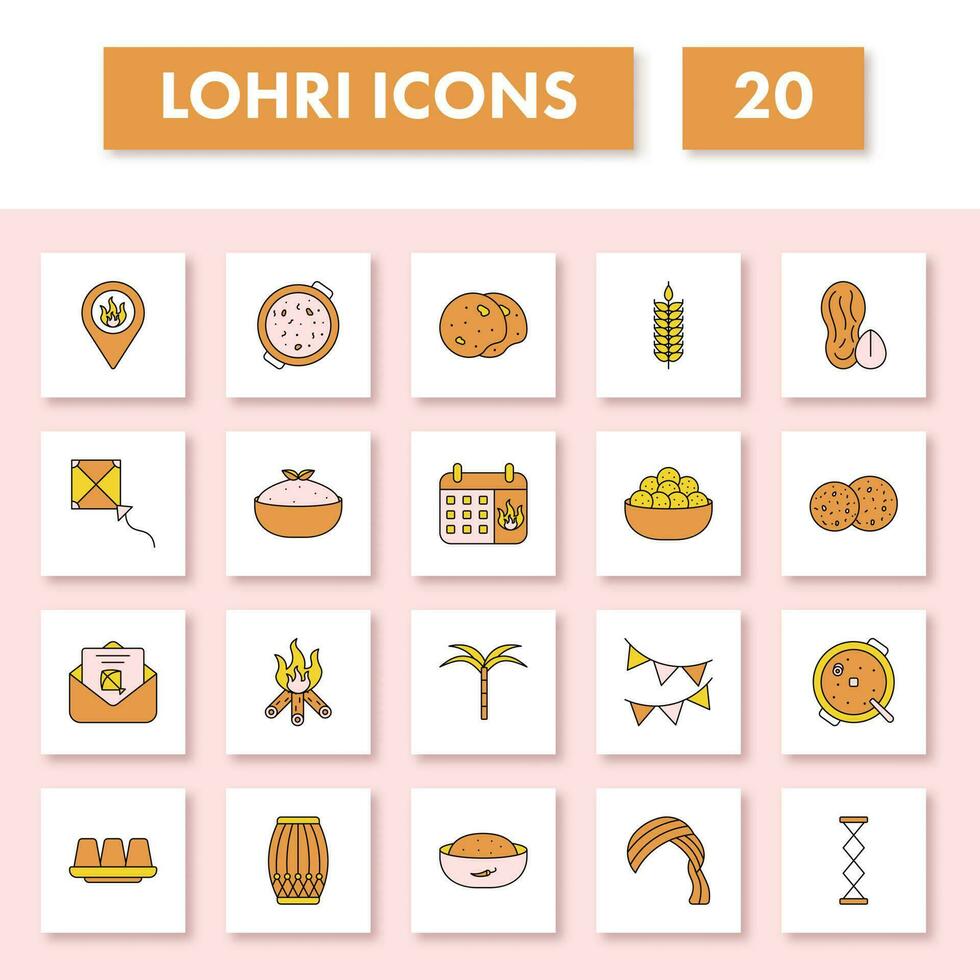 amarillo y naranja color conjunto de lohri icono en plano estilo. vector