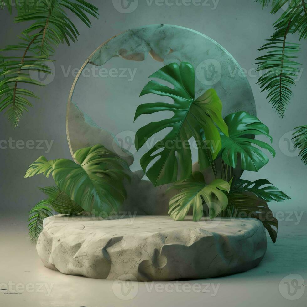 Stone podium for cosmetic display  with nature tropical leaves photo