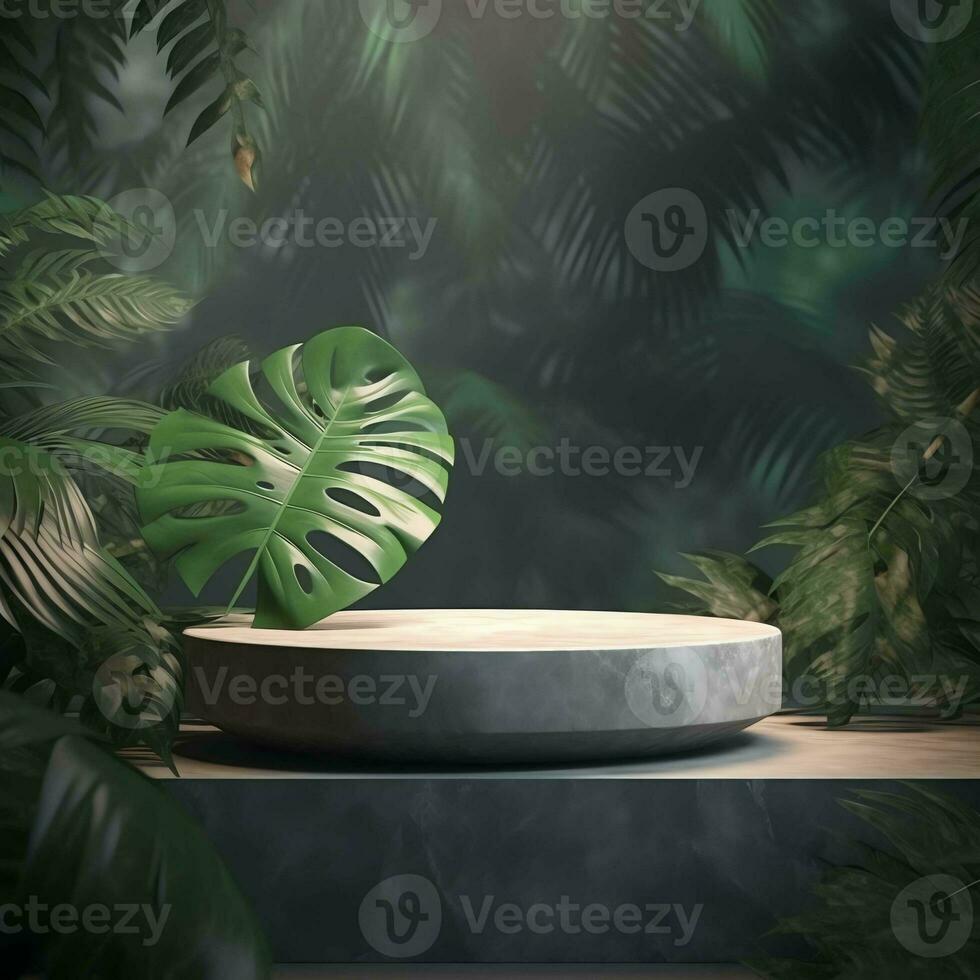 empty stone podium with nature tropical leaves photo