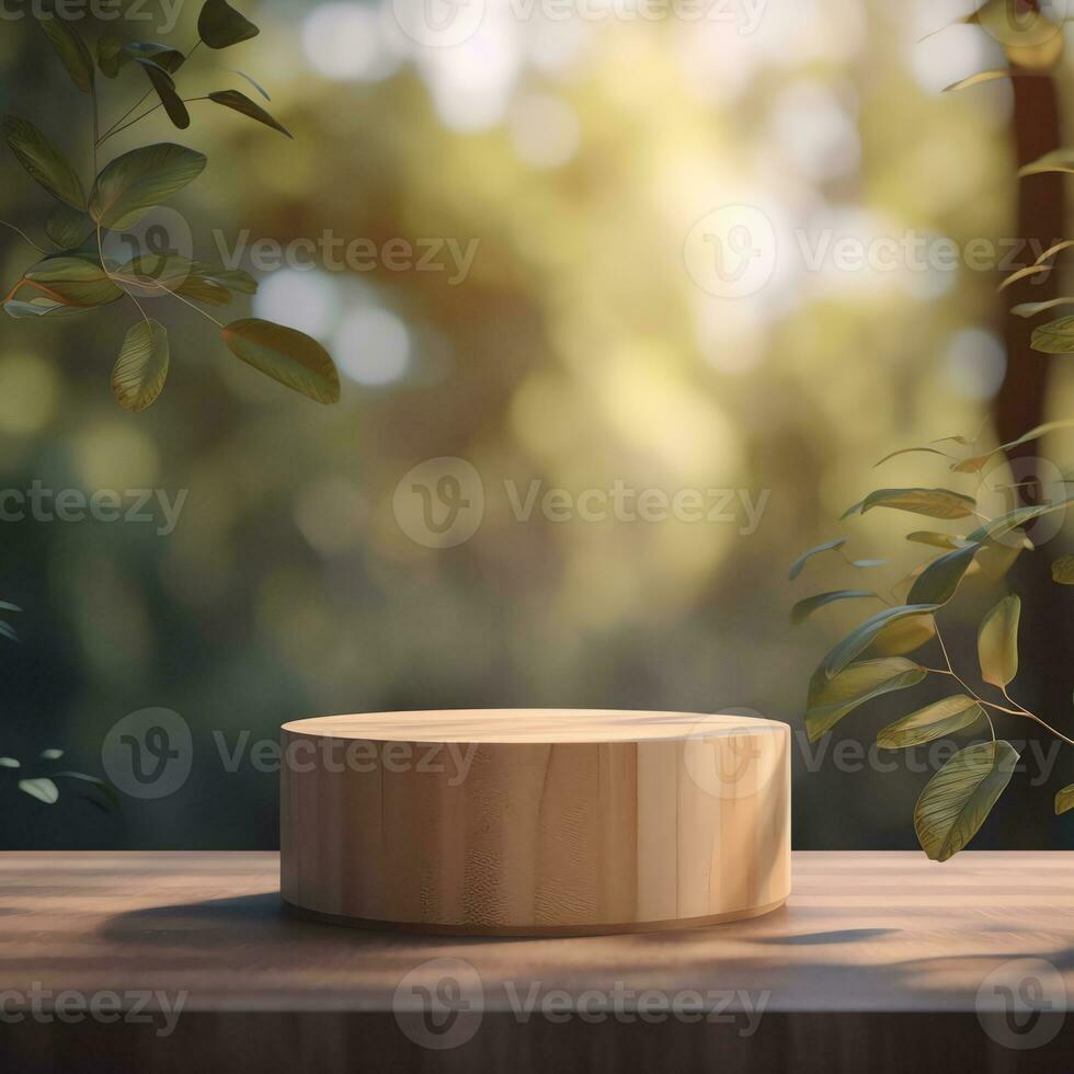 Wooden product display podium with blurred nature leaves background photo