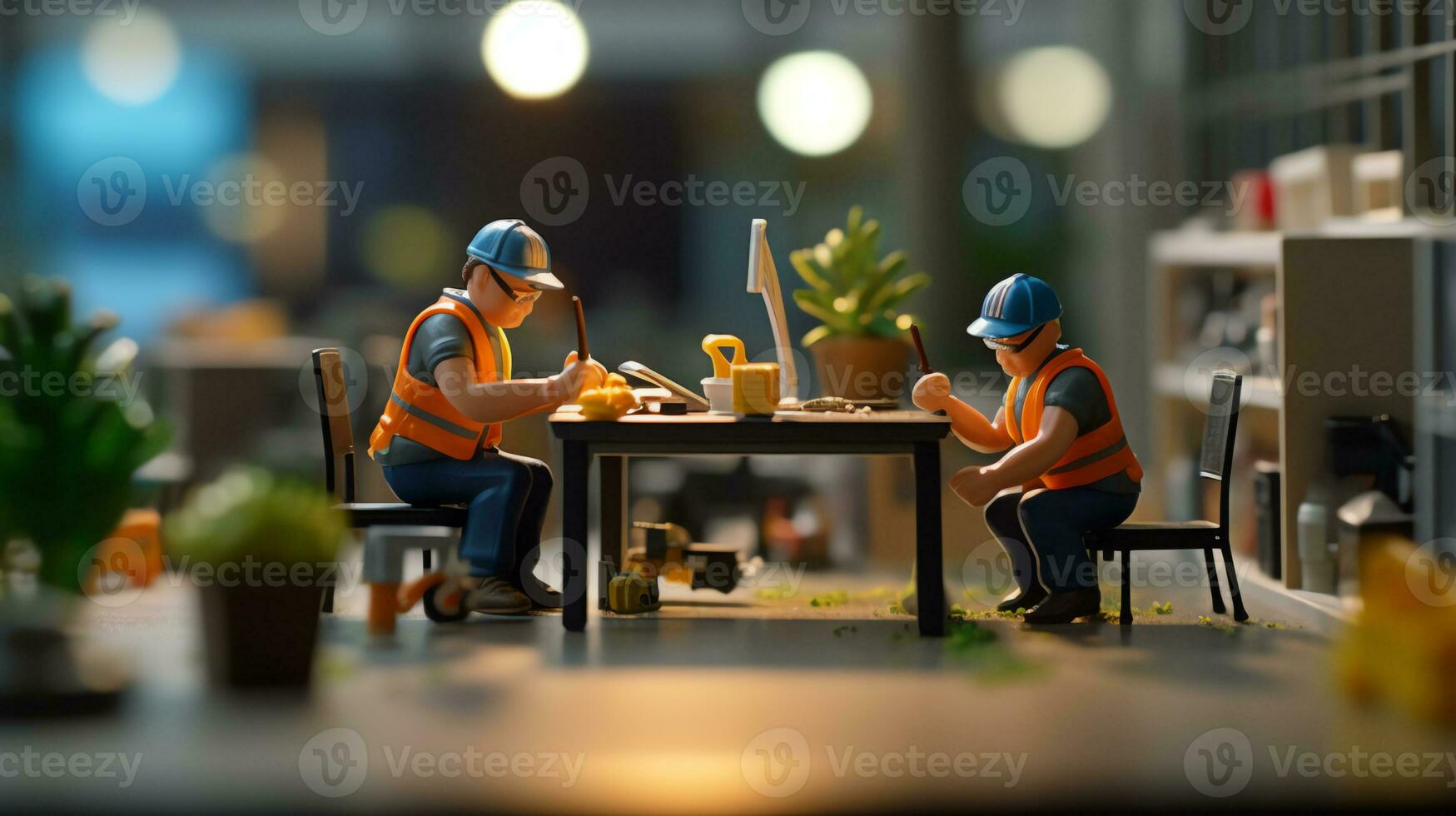 un miniatura trabajadores trabajando en oficina foto