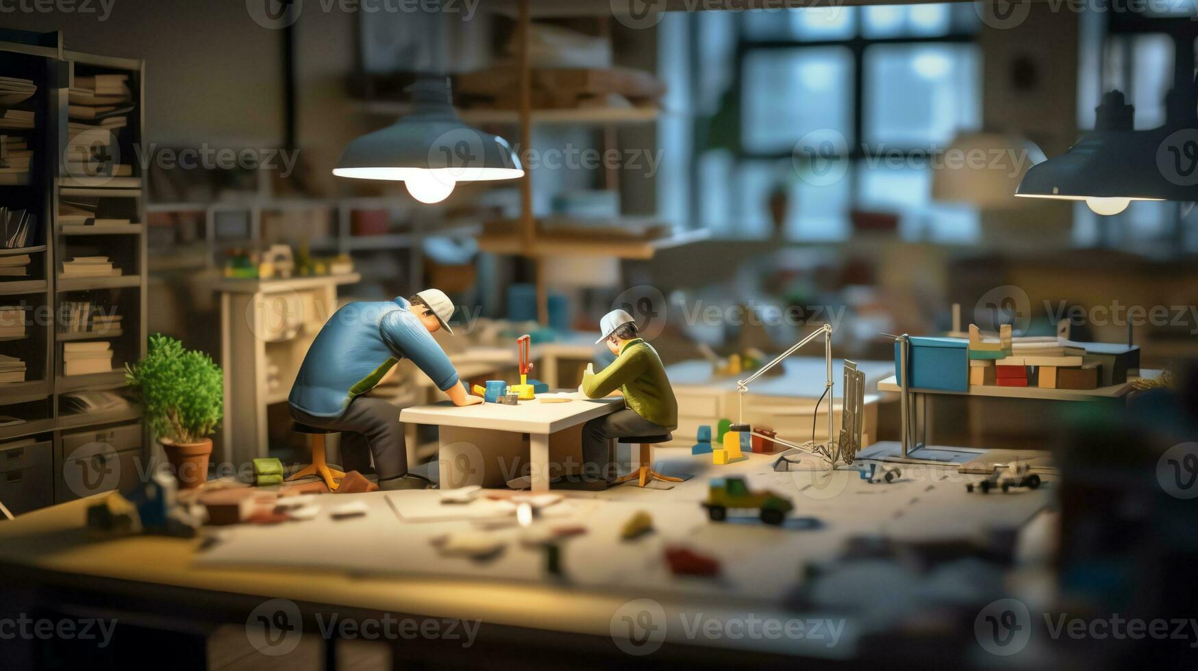 un miniatura trabajadores trabajando en oficina foto