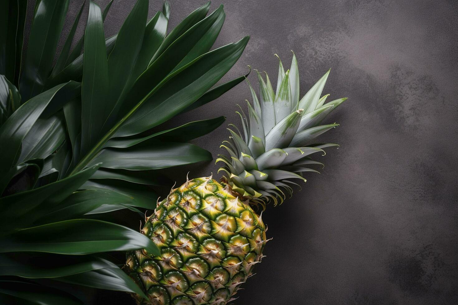 Fresh pineapple with tropical leaves on gray background. , generate ai photo