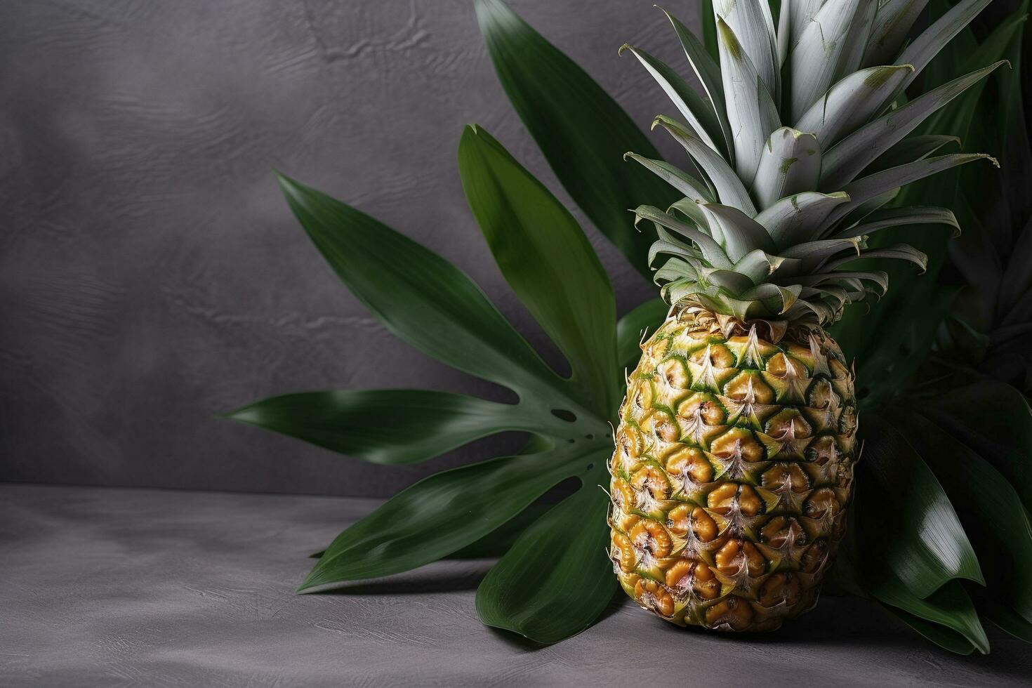 Fresh pineapple with tropical leaves on gray background. , generate ai photo