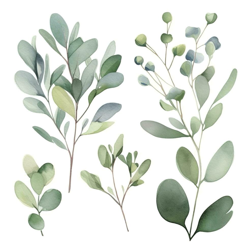 Watercolor floral illustration set - green leaf branches bouquets collection, for wedding stationary, greetings, wallpapers, fashion, background , generat ai photo