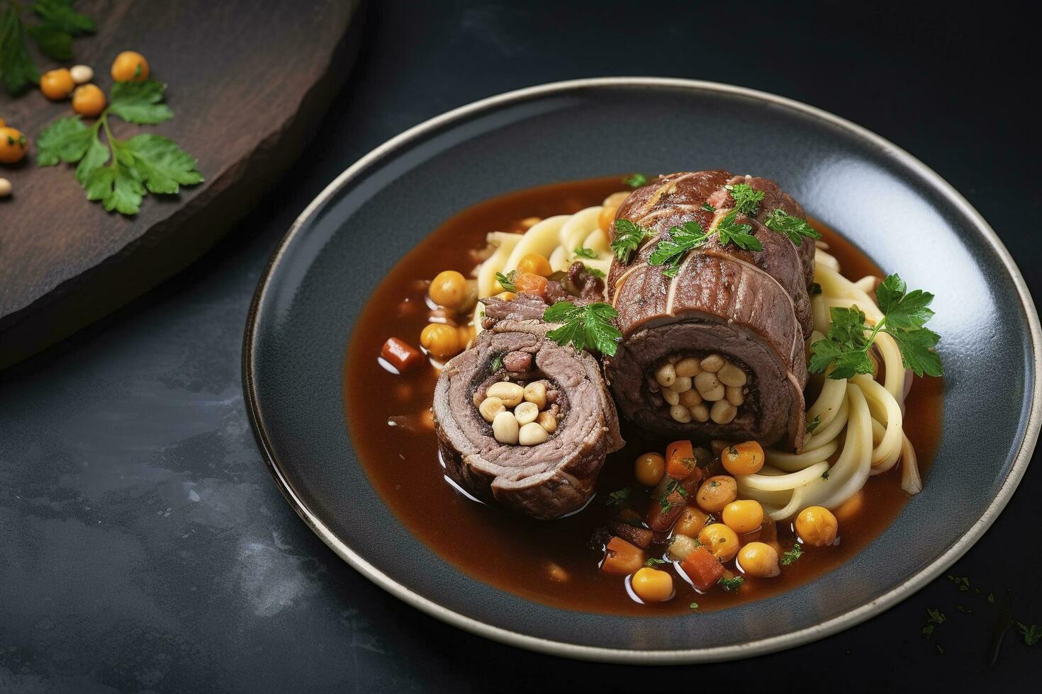 Traditional slow cooked German Wagyu beef roulades with gnocchetti sardi noodles in a spicy gravy as a top view on a Nordic design plate with copy space on the right, generate ai photo