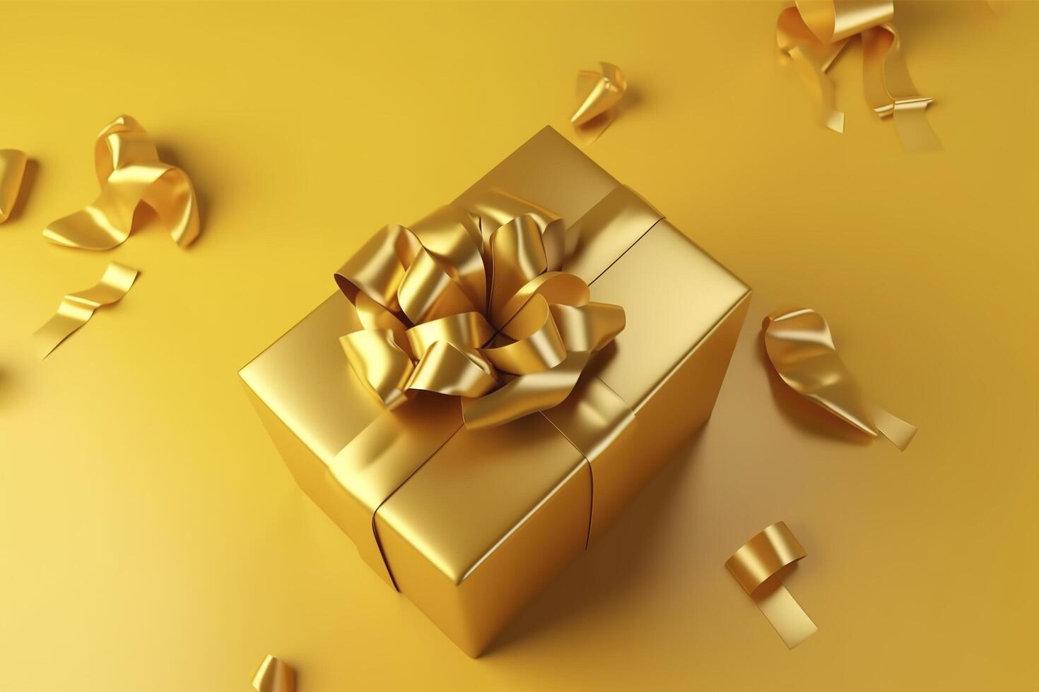 Gift box with golden satin ribbon and bow on yellow background. Holiday gift with copy space. Birthday or Christmas present, flat lay, top view. Christmas giftbox concept. . photo