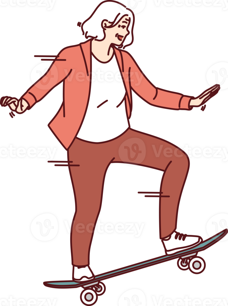 Elderly woman rides skateboard enjoying free time and being active in old age after retirement png