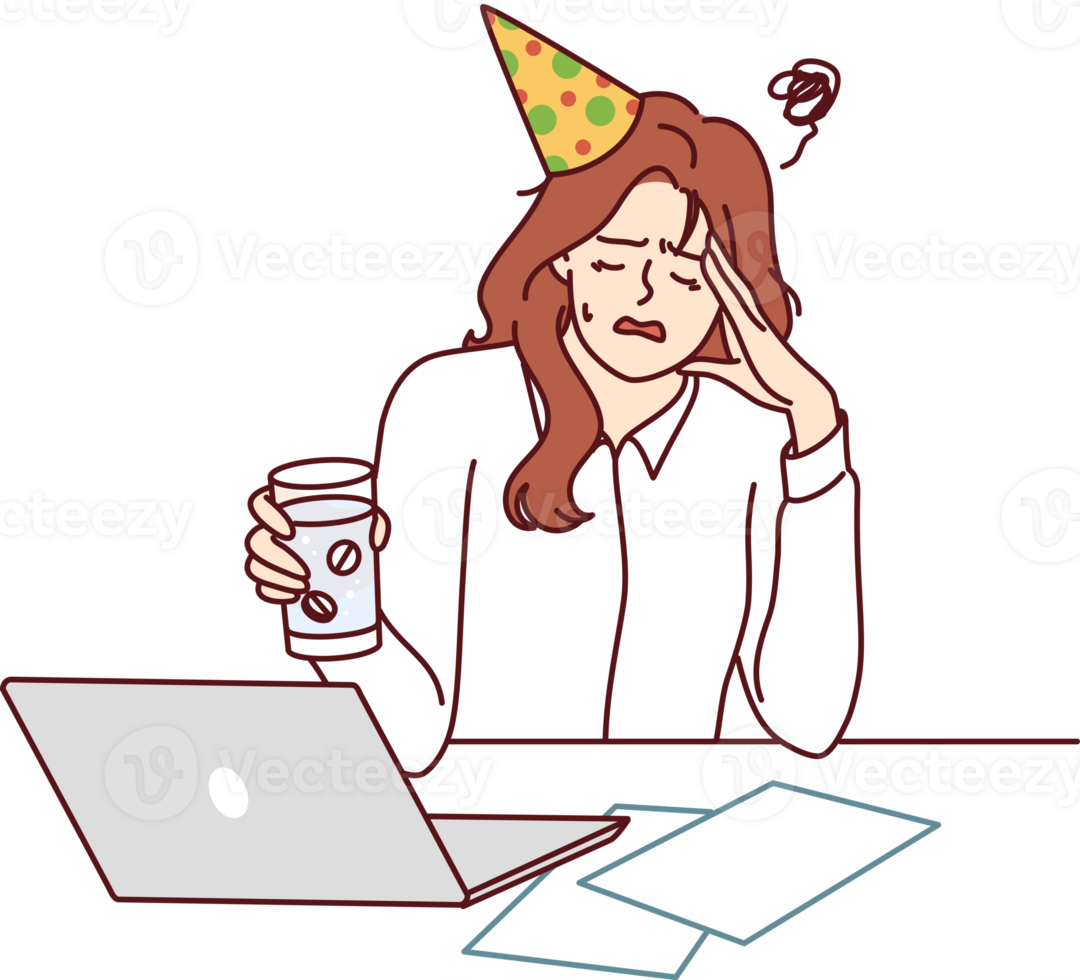 Woman office worker suffers from hangover after party and drinks pills to relieve headache png