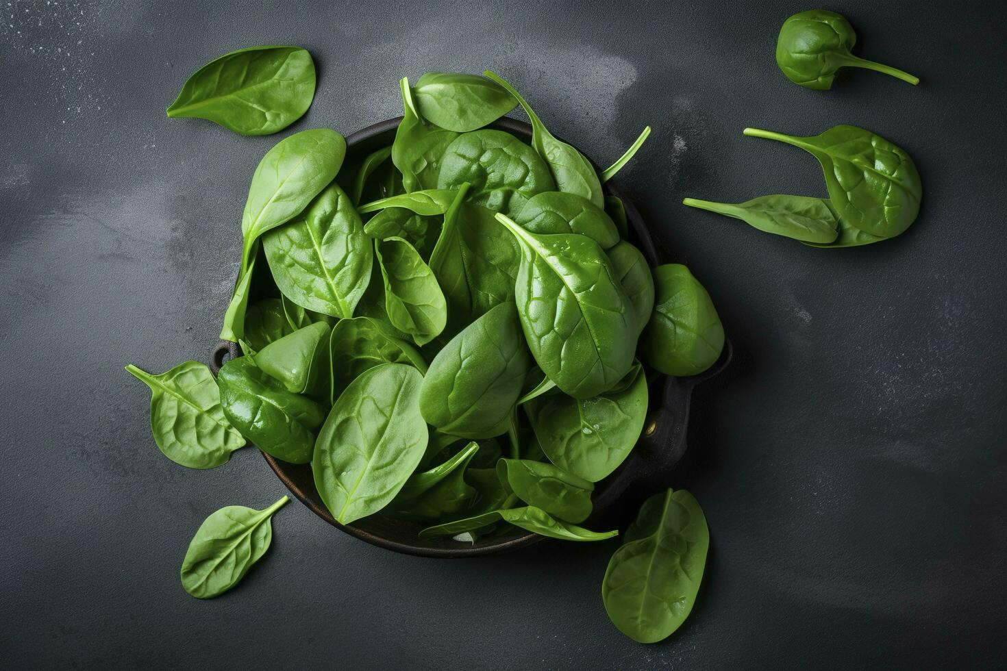 Fresh organic baby spinach leaves. Top view with copy space, generate ai photo