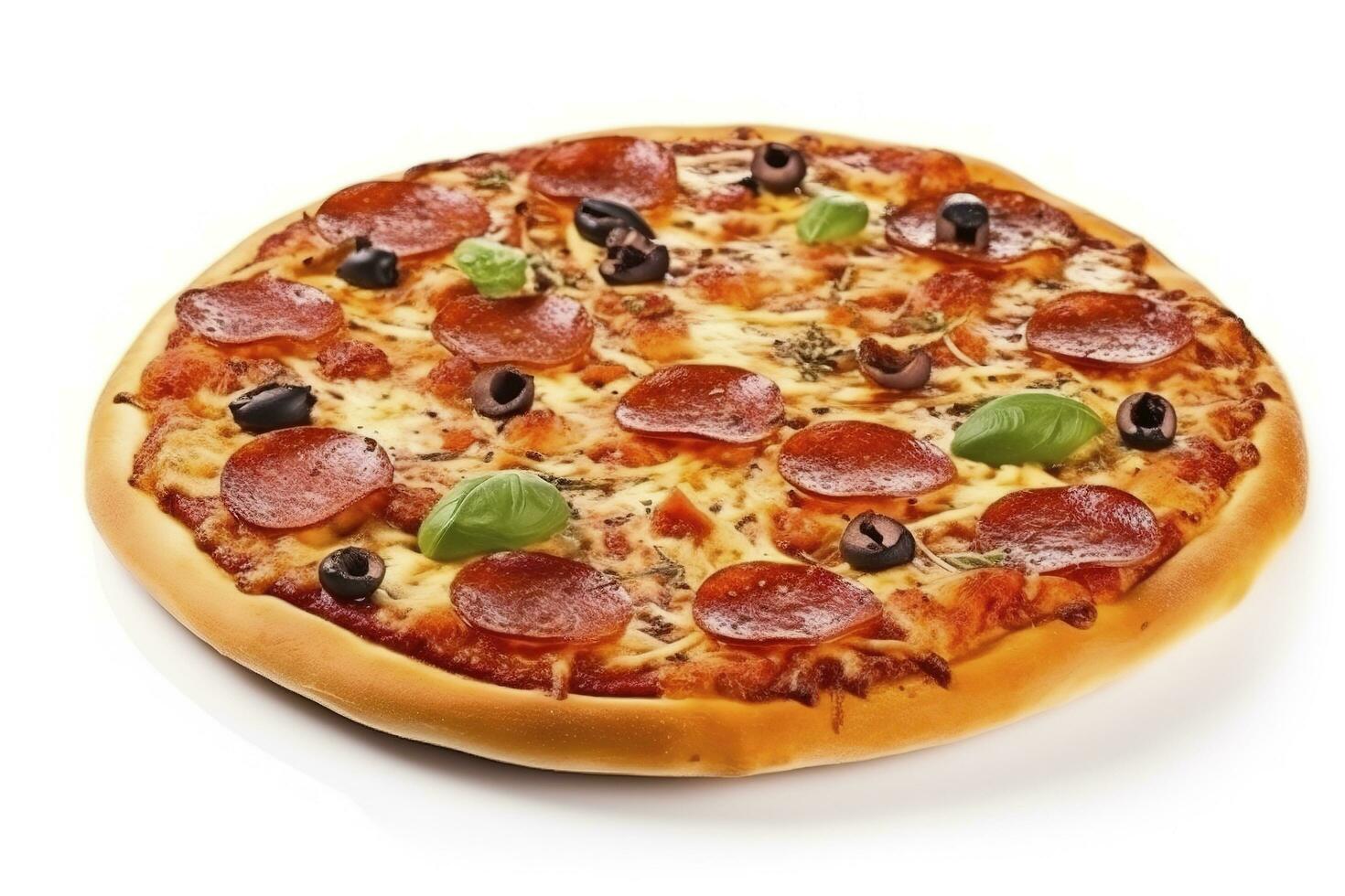 Delicious pizza served on wooden plate isolated on white, generate ai photo