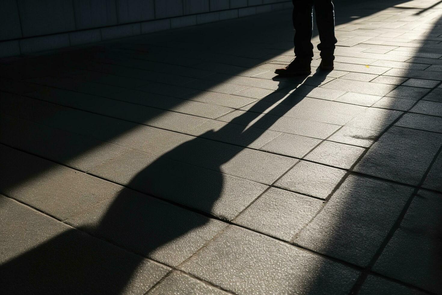 Dark shadow of a lonely person on the ground in the street. Stranger with a cigarette. Anxiety, depression, loneliness, fear concept, generate ai photo