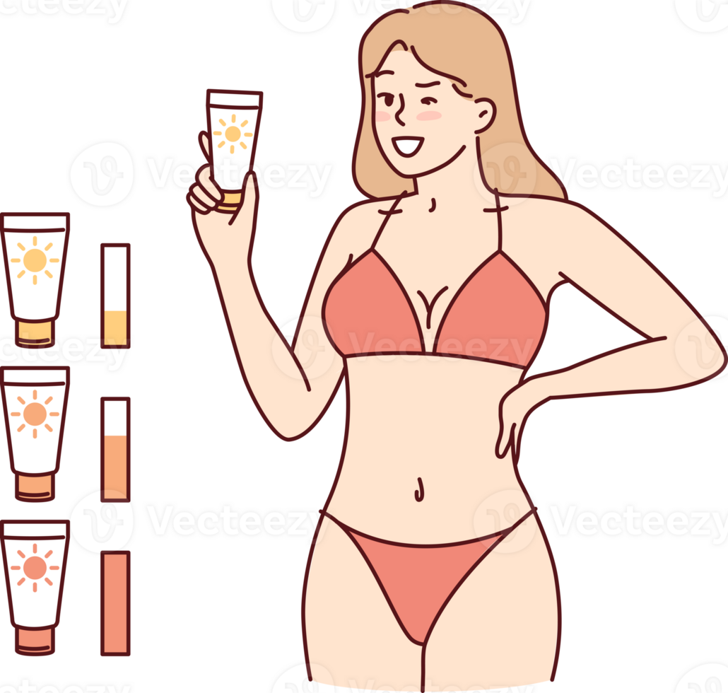Woman in beach tanning bikini demonstrates anti-sunburn cream for visiting solarium png