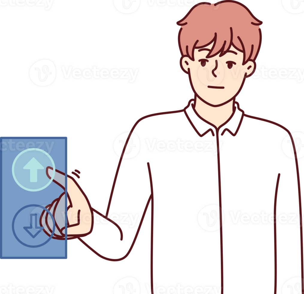 Man presses up button while riding in elevator for concept of ambitious striving for progress png
