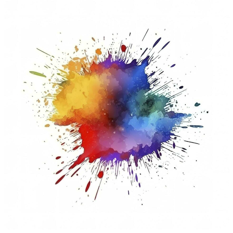 Bright colorful watercolor stain splash splatter brush stroke on white background. Modern vibrant aquarelle spot. Decorative trendy isolated design on white. Element, generate ai photo