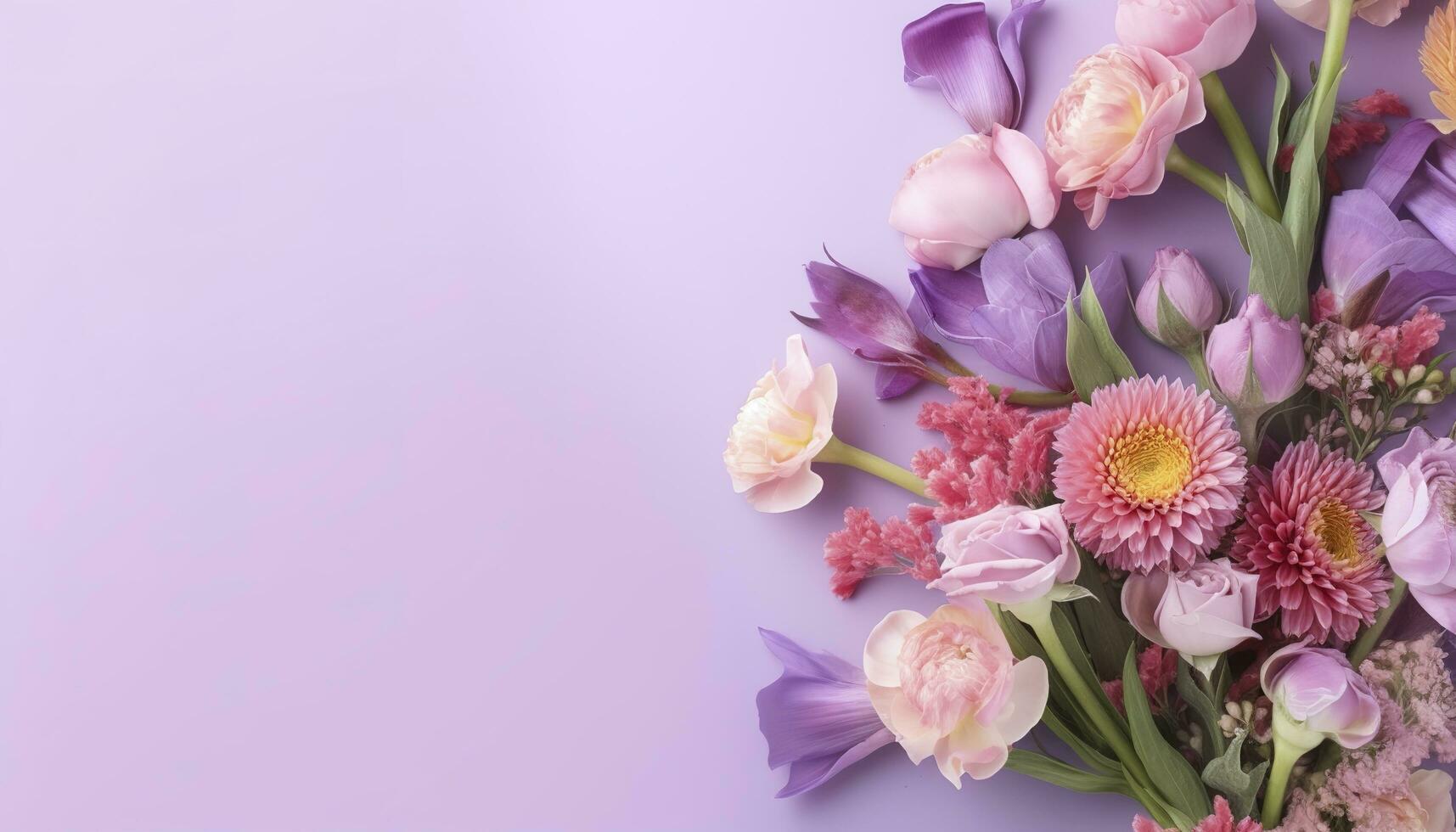 multicolored spring flowers on purple background , generate ai photo