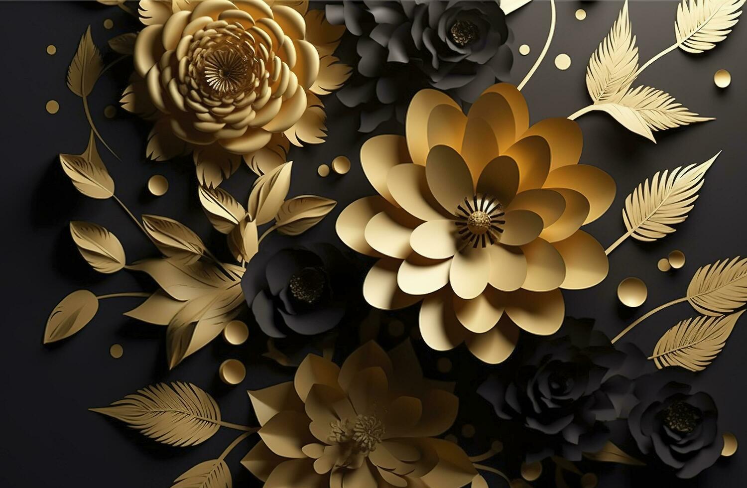 3d mural floral wallpaper. golden and black flowers and leaves. 3d render background wall decor, generate ai photo