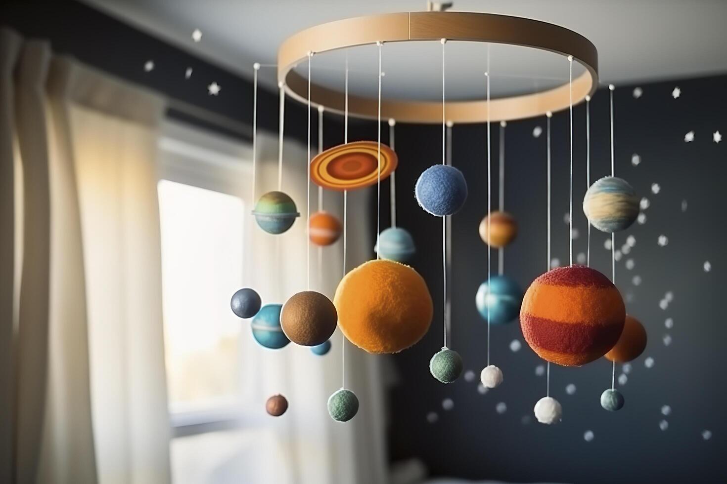 Solar system made of felt, hanging mobile above the baby crib, child toys, science for infants. Baby crib mobile with stars, planets and moon. First baby eco-friendly toys. image. photo