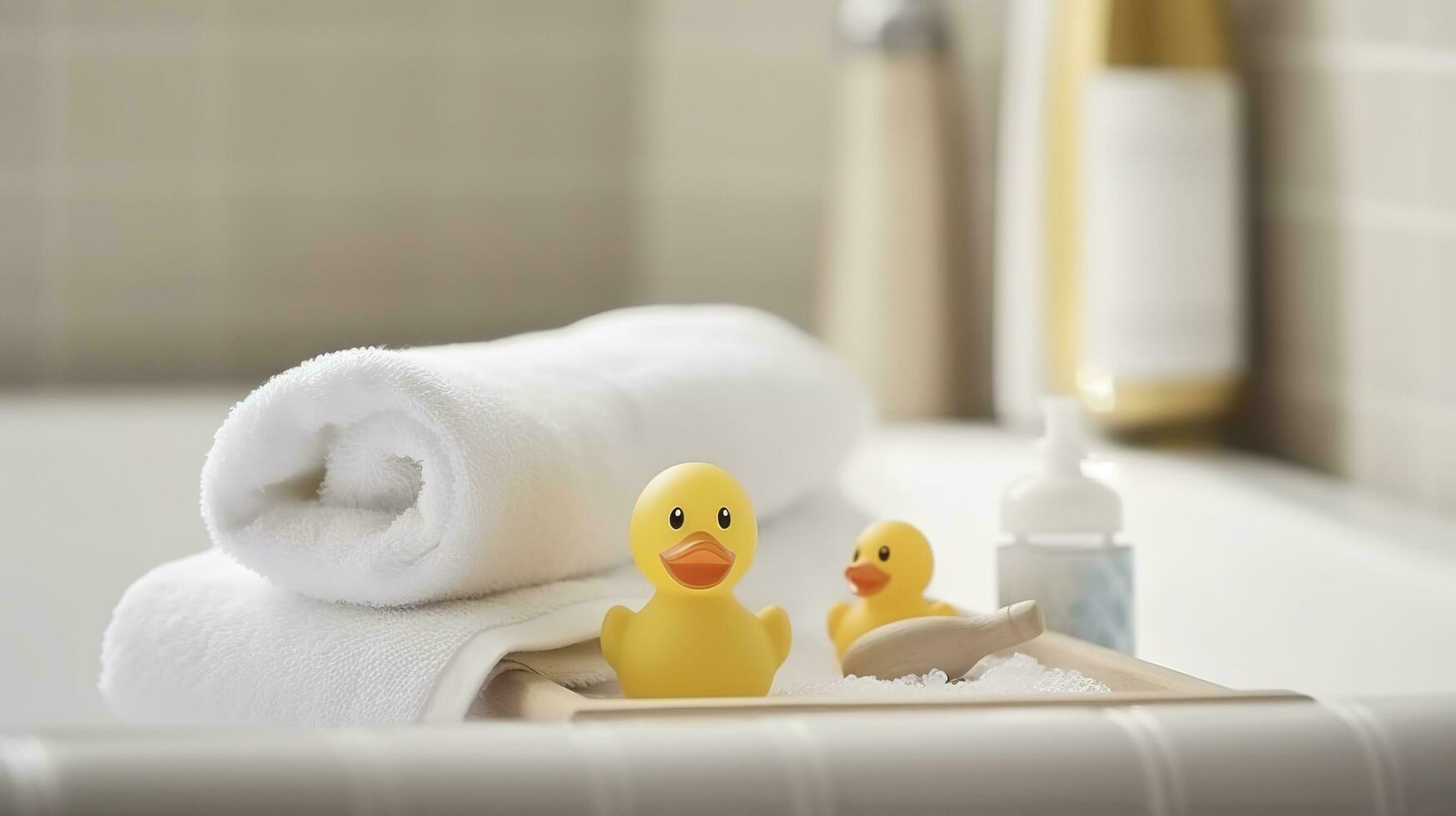 Yellow rubber duckling on white terry towel and two pieces soap, generate ai photo