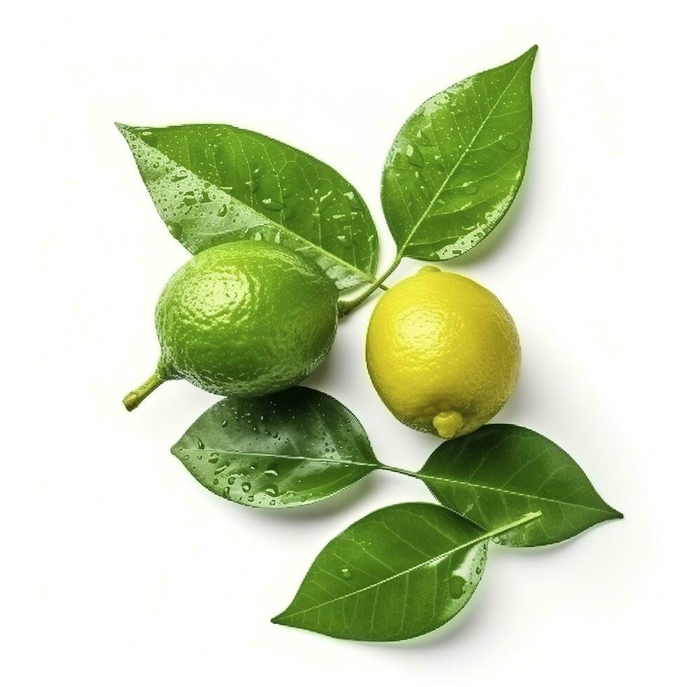 Fresh lemon with green leaves isolated on white background, generate ai photo