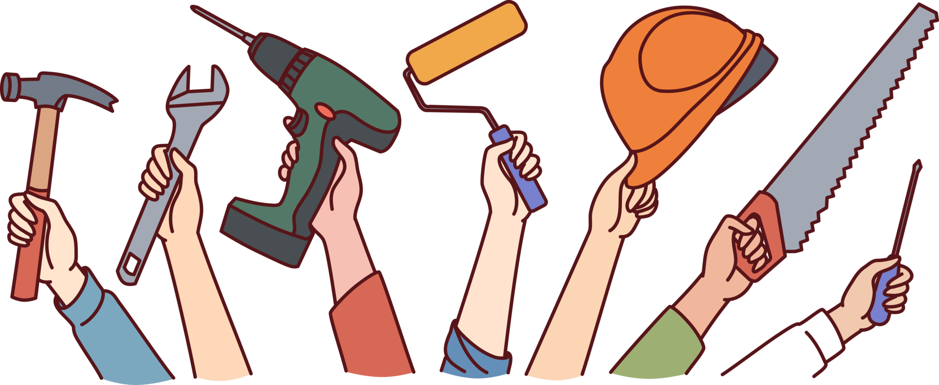 Hands of repair and construction specialists with working tools for
