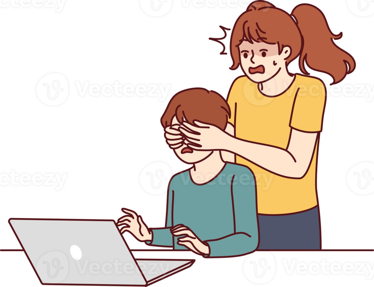 tiener- meisje verdedigt weinig broer wie toepassingen laptop en bezoeken volwassen websites in internet png