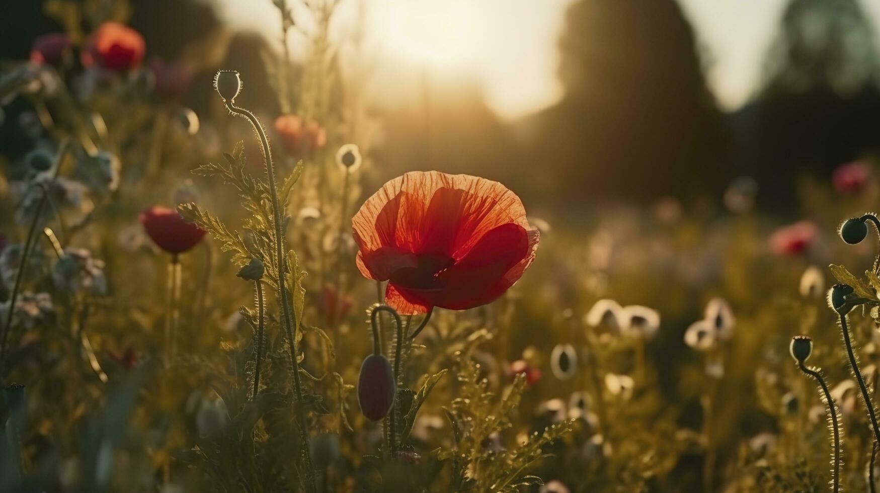 A stunning photo captures the golden hour in a field of radiant red poppies, symbolizing the beauty, resilience, and strength of nature, generate ai