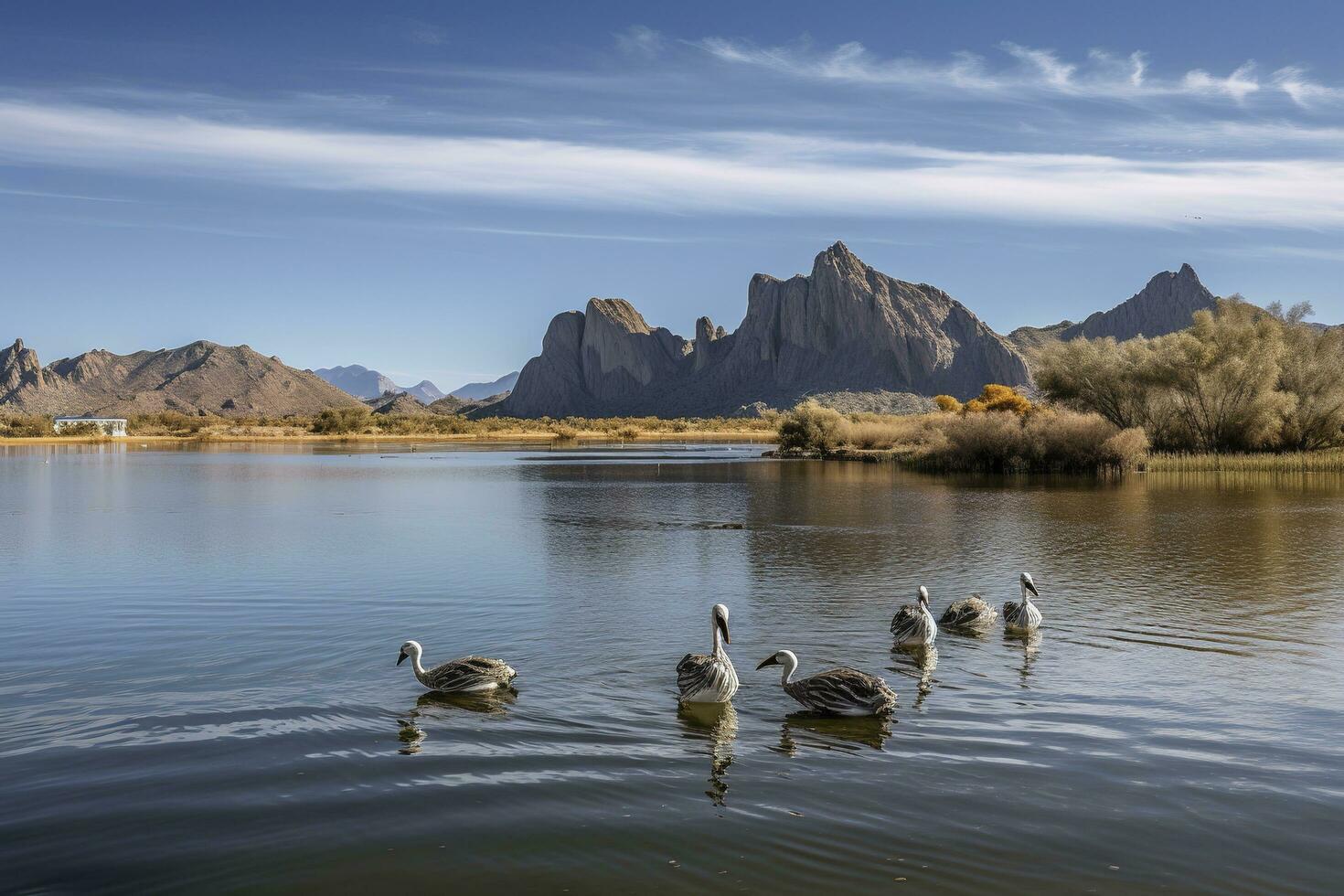 Wild african birds. A group of several large pink pelicans stand in the lagoon on a sunny day , generate ai photo