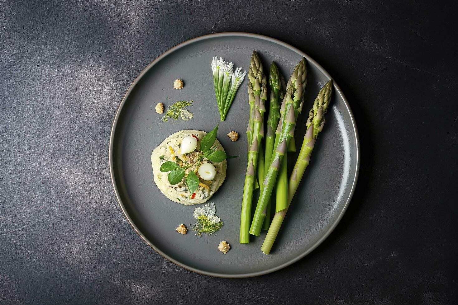 Traditional Bavarian white asparagus served with wild garlic and almond butter close-up on a Nordic design plate with copy space, generate ai photo