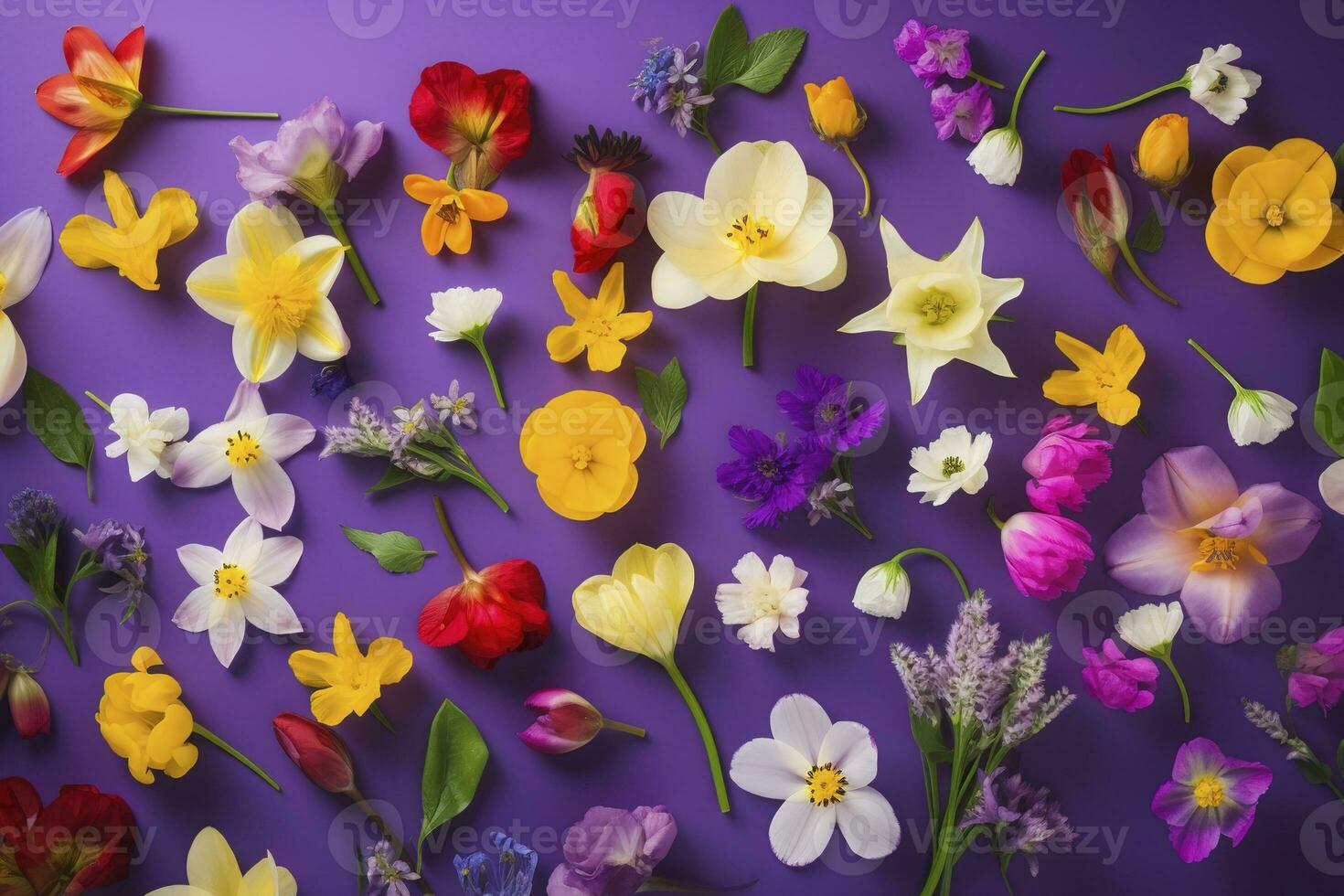 multicolored spring flowers on purple background , generate ai photo