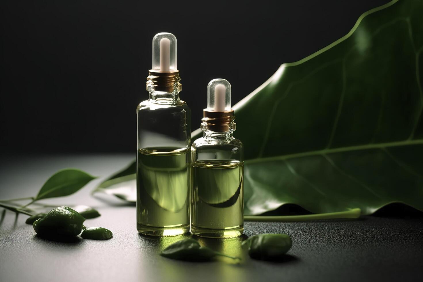 Cosmetic serum in a glass bottles with a pipette on a dark background with green leaves on a dark background. Skin care serum, essential oils, spa and wellness. Natural cosmetic. . photo