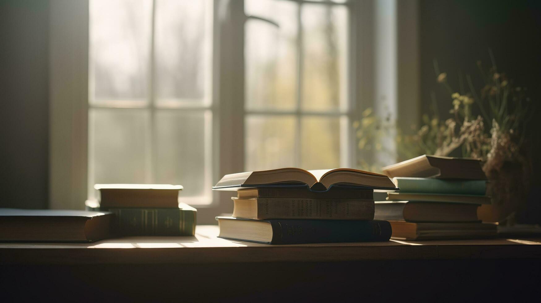 Stack of old books in nature on wooden board with blurred green background, generate ai photo