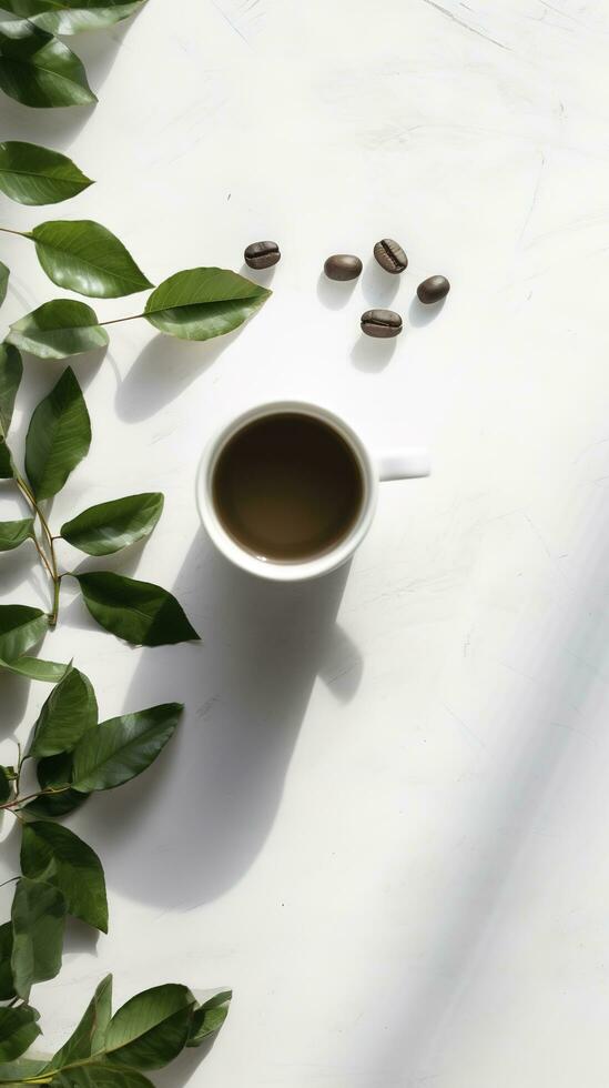 Aromatic herbs and coffee cup on white background with copy space. Coffee break concept. photo