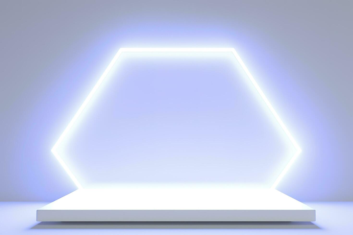 Realistic podium display with neon white lights, Product display background with light frame, White prodium product display with light effect, neon lights background, generate ai photo