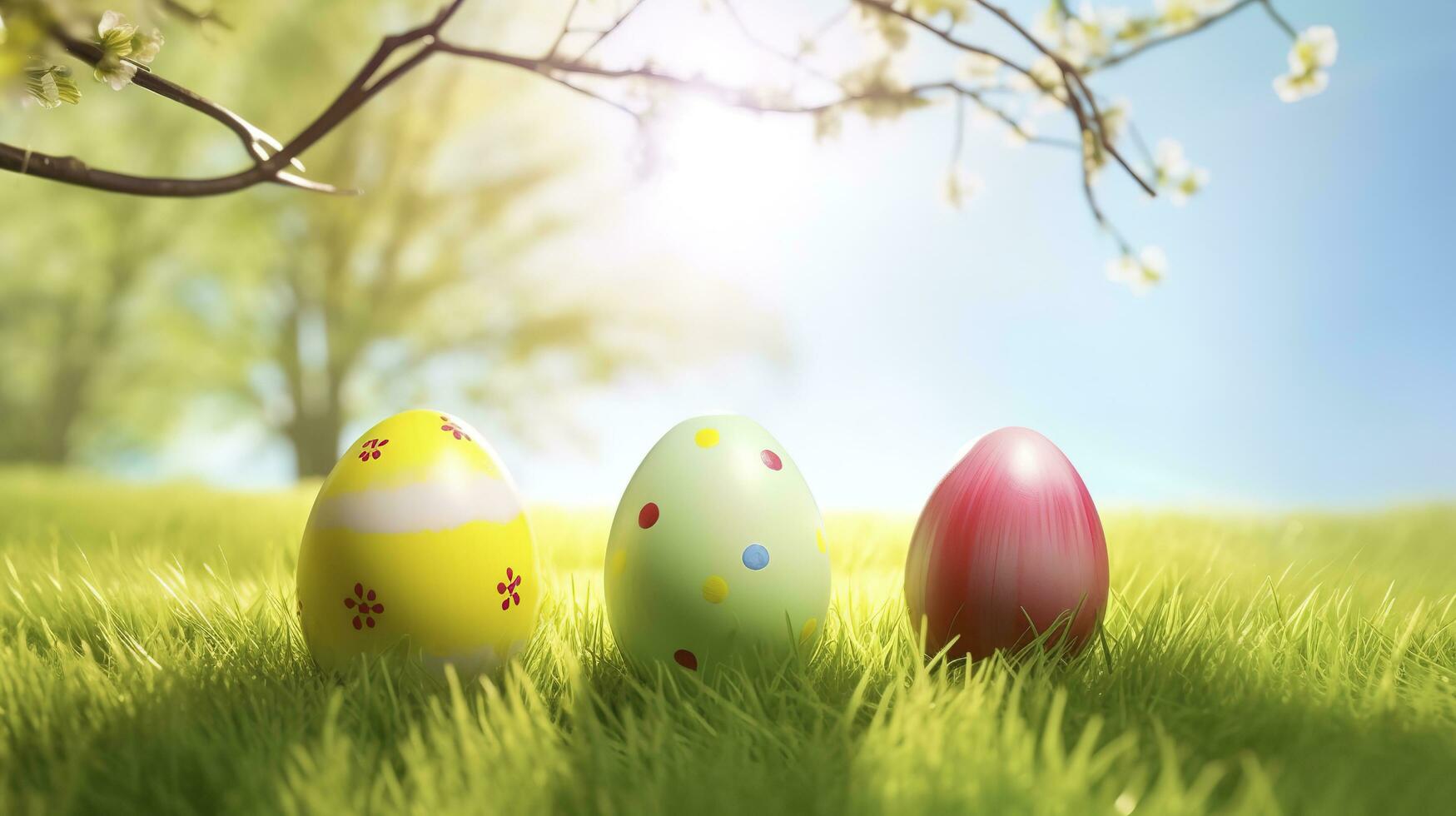 Photo of colored easter eggs laying in grass outside, generate ai