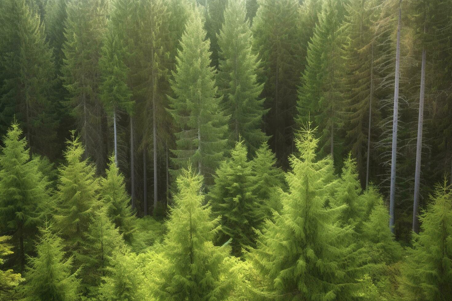 Healthy green trees in a forest of old spruce, fir and pine, generate ai photo