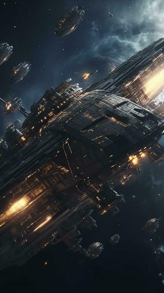 Cinematic Still, intense space battle between two massive battleships, starry sky, nebulae, galaxies, HDR futuristic space battleship destroyers traveling through an asteroid field, generate ai photo