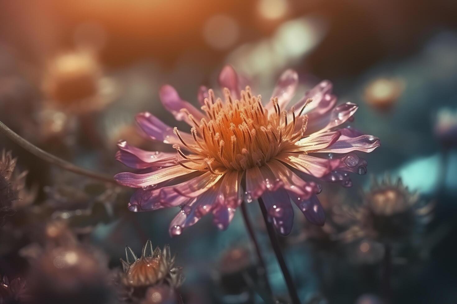 pink flowers with the sun shining through the clouds in the background and the grass in the foreground is a field of purple flowers. photo