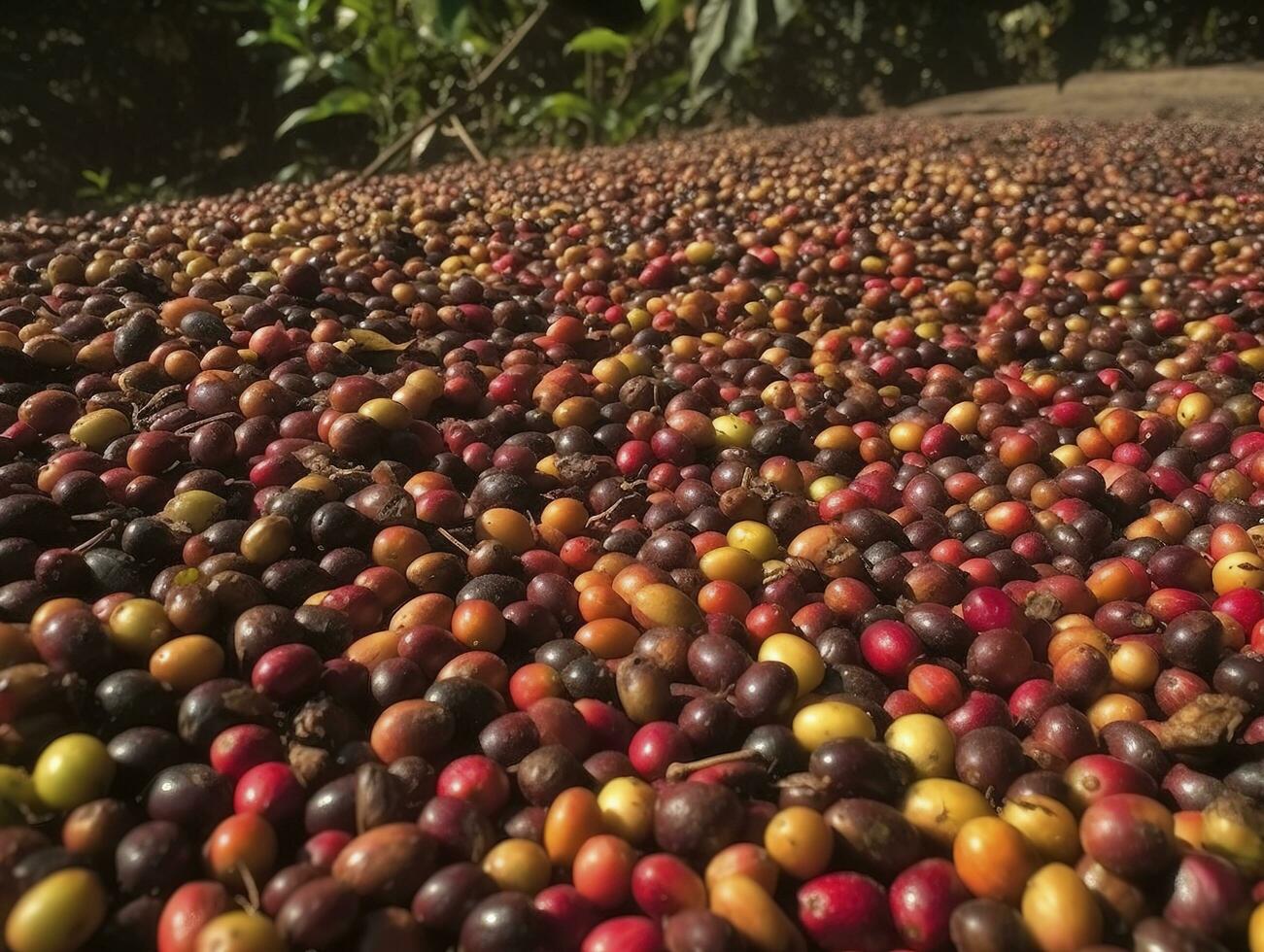 etíope rojo y verde café cerezas acostado a seco en el Dom. esta proceso es el natural proceso. buena zuria, Etiopía, generar ai foto