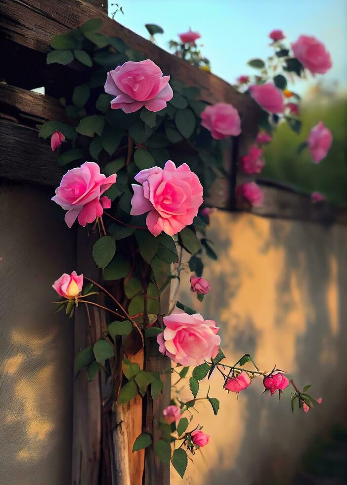 grupo de rosado rosas sentado en parte superior de un de madera cerca, generar ai foto